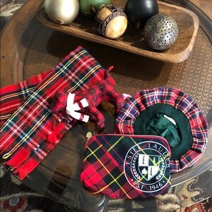 Plaid Bundle with Estee Lauder Red Tartan  Pouch with Crest, Tartan hat, more